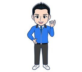 Male clerk in a blue outerwear