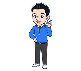 Male clerk in a blue outerwear