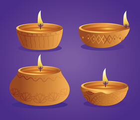 Happy diwali diya candles set design, Festival of lights theme Vector illustration