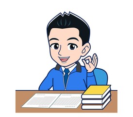 Male clerk in a blue outerwear