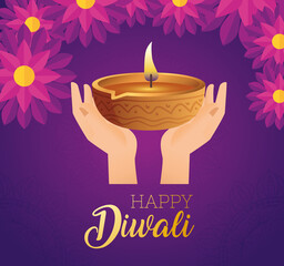 Happy diwali diya candle over hands with flowers design, Festival of lights theme Vector illustration