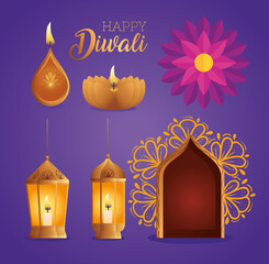 Happy diwali diya candles lanterns flower and window design, Festival of lights theme Vector illustration