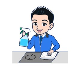 Male clerk in a blue outerwear