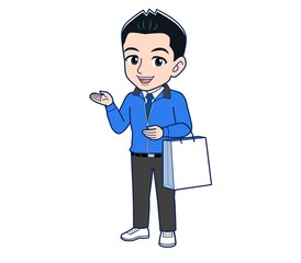 Male clerk in a blue outerwear