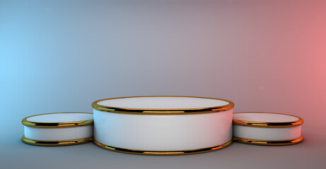 Minimal scene with podium and abstract background. Pastel blue and red colors scene. Trendy 3d render for social media banners, promotion, cosmetic product show. Geometric shapes interior.