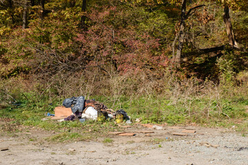 Dumping of construction debris remaining after the repair of the road in a wooded area