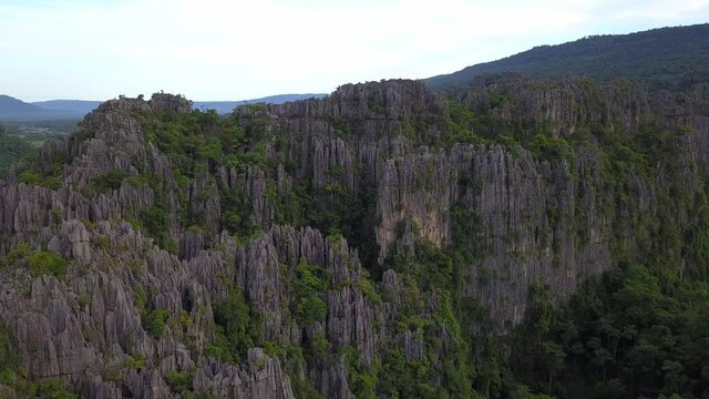 Aerial view of Limestone mountain and rice field in Noen Maprang district, Phitsanulok, Thailand.