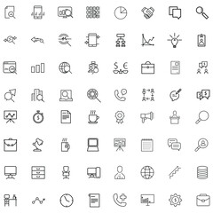 Set of business developing icons, related to office equipment, graph, chart web icons, black outline isolated on white background EPS Vector such as lamp, coffee, computer, clock 