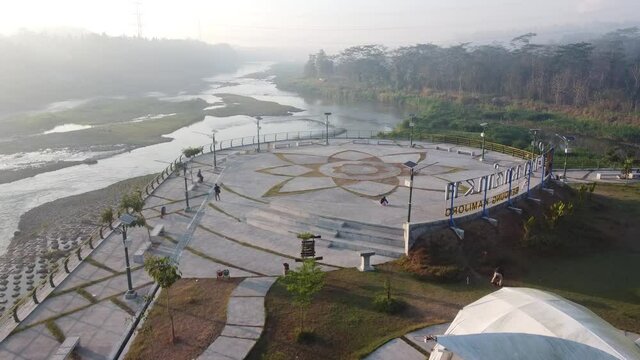 Yogyakarta, Indonesia - September 14, 2020:Aerial footage of the Kamijoro dam park in Yogyakarta Indonesia