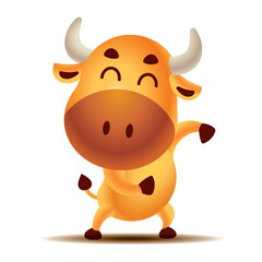 Cartoon cute golden bull character is dancing happily. Ox/Bull/Cow. Cow dancing pose. - vector