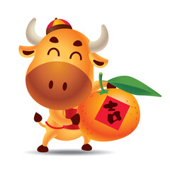 Chinese new year 2021. Cartoon cute ox carrying big mandarin tangerine orange with Chinese letter. The year of Ox. Translation: Blessing. - vector