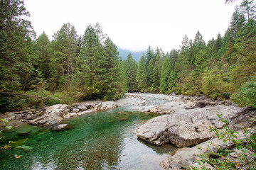Fototapeta na wymiar Evans Creek - North beach trail in Golden Ears provincial park, BC. The view on the river surrouned by rocks and woods / forest. 