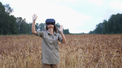 Naklejka na ściany i meble Beautiful girl in a golden wheat field uses virtual reality glasses