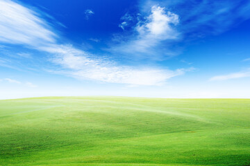 Obraz na płótnie Canvas Landscape view of green grass on slope with blue sky and clouds background.