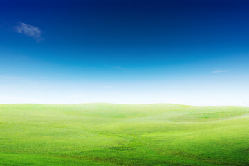 Obraz na płótnie Canvas Landscape view of green grass on slope with blue sky and clouds background.