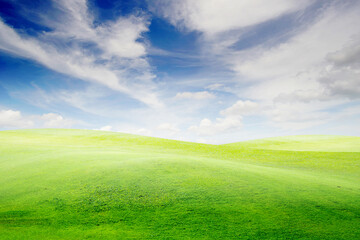Fototapeta na wymiar Landscape view of green grass on slope with blue sky and clouds background.