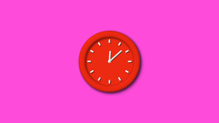 12 hours 3d wall clock isolated on pink background, red color 3d wall clock