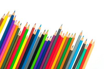 Top views of Color pencils isolated on white background.Close up.