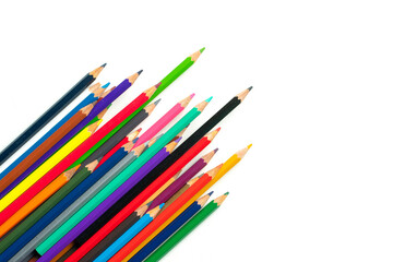 Top views of Color pencils isolated on white background.Close up.