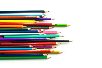 Top views of Color pencils isolated on white background.Close up.