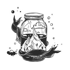 Detailed hand drawn ink black and white illustration of mountains inside glass jar, ribbon. sketch. Vector. Elements in graphic style label, card, sticker, menu, package. line art.