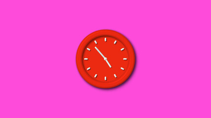 Red color 12 hours 3d wall clock isolated on pink background, 3d wall clock