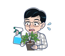 Young man in gray pajamas