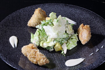 Breaded chicken fillet with sauce, lettuce, croutons and cheese