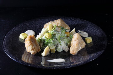 Chicken fillet in a cheese crust with salad and sauce on a black background
