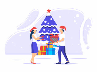 Christmas holiday celebration. Men give gifts to girlfriends. various kinds of gifts on the christmas tree. vector illustration