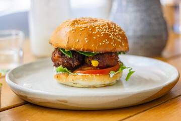 Corn fritter and salad veggie burger
