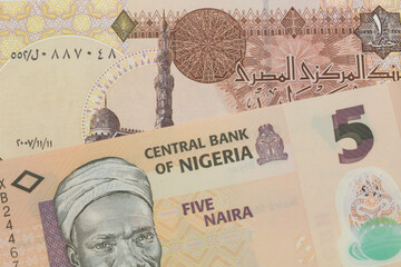 A macro image of a orange, plastic five naira note from Nigeria paired up with a one pound banknote from Egypt.  Shot close up in macro.