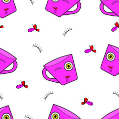 A seamless pattern with cheerful pink cups, tongues and closed eyes. Design is suitable for wallpaper, decor, textiles, factories, kitchen and kids room, T-shirt and clothing printing. Isolated vector