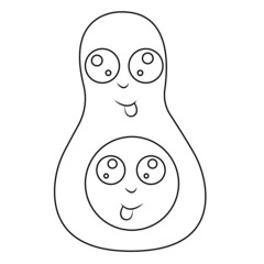 Cheerful avocado is drawn as a coloring book in a linear style. The design is suitable for postcards, paintings, factories, kitchen and kids room decor, T-shirt and clothing printing. Isolated vector