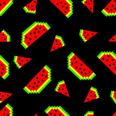 Seamless pattern with watermelons in pixel style. The design is suitable for wallpaper, decor, textiles, factories, kitchen and kids room, t-shirt and clothing printing. Isolated vector