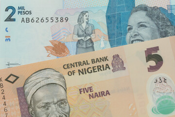 A macro image of a orange, plastic five naira note from Nigeria paired up with a blue two thousand bank note from Colombia.  Shot close up in macro.
