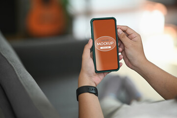 Young man using mobile phone and sitting on sofa. For graphic display montage.