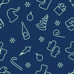 Seamless pattern Christmas theme with seige flowers, glasses, champagne, mittens, boots, toys, trees, firecrackers, gifts for various decorations of Christmas gifts and surprises. Isolated vector