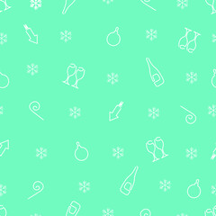 Vector isolated seamless pattern on a New Year theme with glasses, champagne, snowflakes, fireworks for various decoration of Christmas gifts and surprises, postcards, wrapping papers