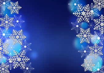 Fototapeta na wymiar 銀色のラメの雪の結晶　青のグラデーション背景　透明な青のドット　冬の背景素材