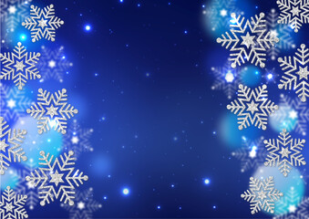 Fototapeta na wymiar 銀色のラメの雪の結晶と光る雪　青のグラデーション背景　透明な青のドット　冬の背景素材