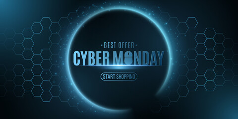 Futuristic glowing banner with hexagon cyber pattern for Cyber Monday sale. Big business event. Flying abstract lights. Trendy hi-tech design. Vector illustration