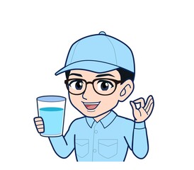Young man in light blue work clothes