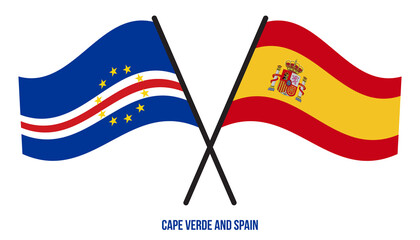 Cape Verde and Spain Flags Crossed And Waving Flat Style. Official Proportion. Correct Colors.