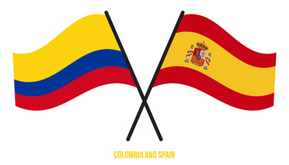 Colombia and Spain Flags Crossed And Waving Flat Style. Official Proportion. Correct Colors.