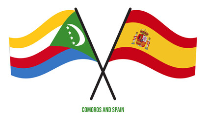 Comoros and Spain Flags Crossed And Waving Flat Style. Official Proportion. Correct Colors.