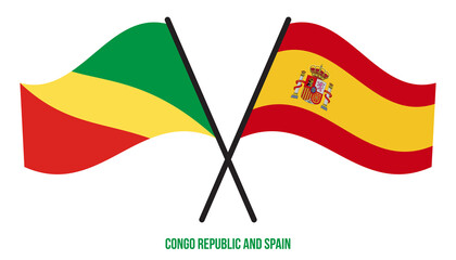 Congo Republic and Spain Flags Crossed And Waving Flat Style. Official Proportion. Correct Colors.