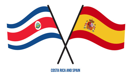 Costa Rica and Spain Flags Crossed And Waving Flat Style. Official Proportion. Correct Colors.