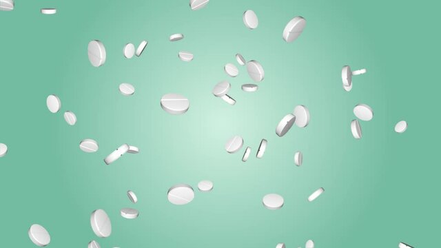 White Round Pills Drugs Falling Seamless Looped 3d Background. Medicine and Pharmaceutical Business Concept. medical, health care, pharmacy, DNA, Hospitals, Chemist, Laboratories Pharma industry