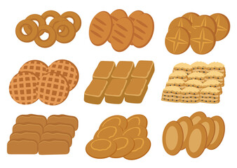 Set of bakery products. Rolls, loaves, bread. Isolated on a white background. Vector illustration.
